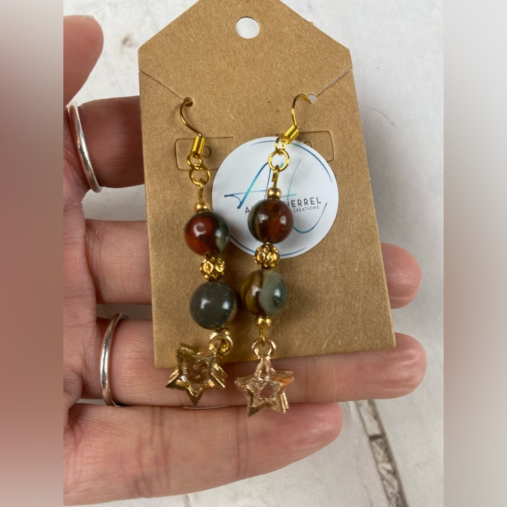 Polychrome Dangle Earrings - Green and Brown Beaded Star Drop Earrings